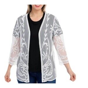 Nina Leonard Open Cardigan Jacket Cream Floral Lace Kimono Size Large